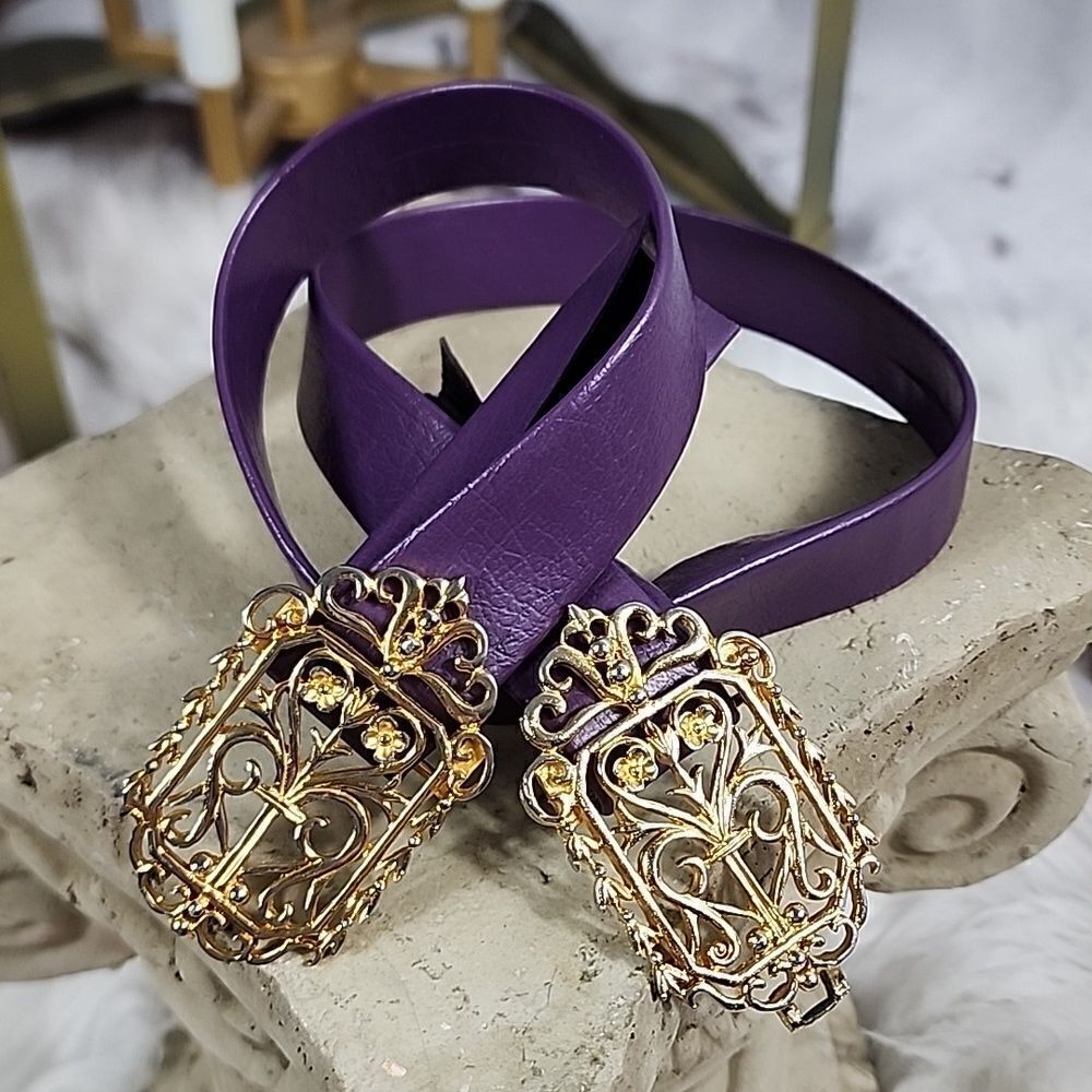 Mimi Di N Signed Gold & Silver Tone Floral & Heart Belt Buckle Clasps 1985 Glam